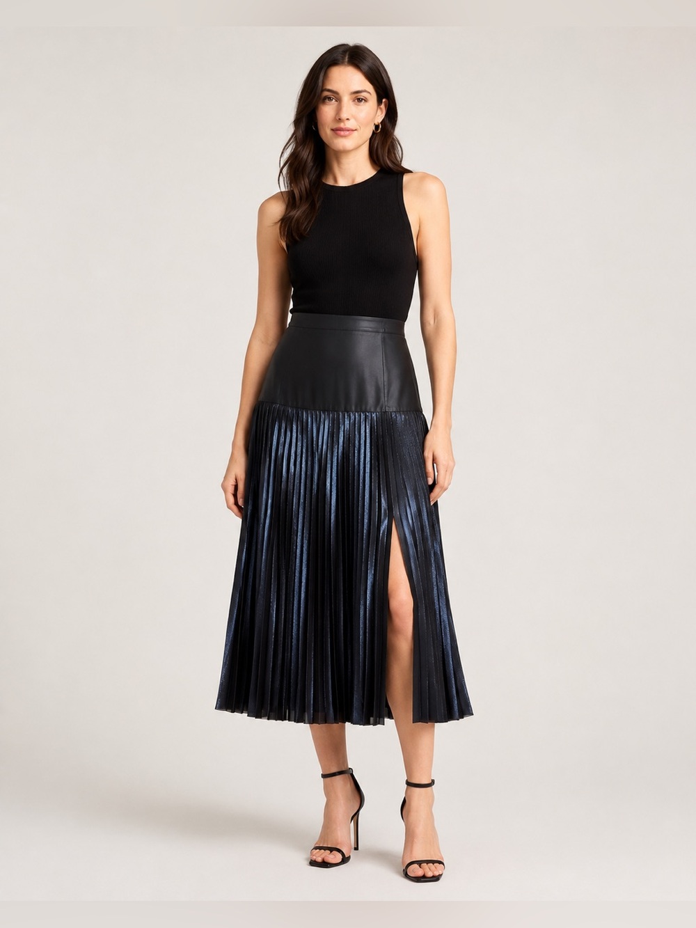 Pleated Metallic Navy Midi Skirt.